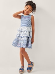 Monsoon Blue 100% Cotton Broderie Stripe Tiered Dress - Image 1 of 4