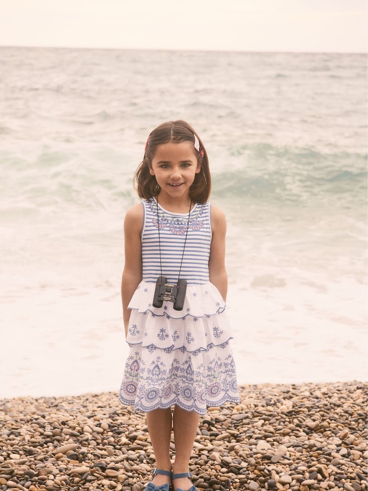 Monsoon Blue 100% Cotton Broderie Stripe Tiered Dress - Image 1 of 6 Monsoon Blue 100% Cotton Broderie Stripe Tiered Dress - Image 1 of 6