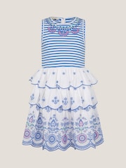 Monsoon Blue 100% Cotton Broderie Stripe Tiered Dress - Image 2 of 4