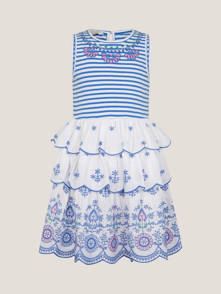 Monsoon Blue 100% Cotton Broderie Stripe Tiered Dress - Image 2 of 4