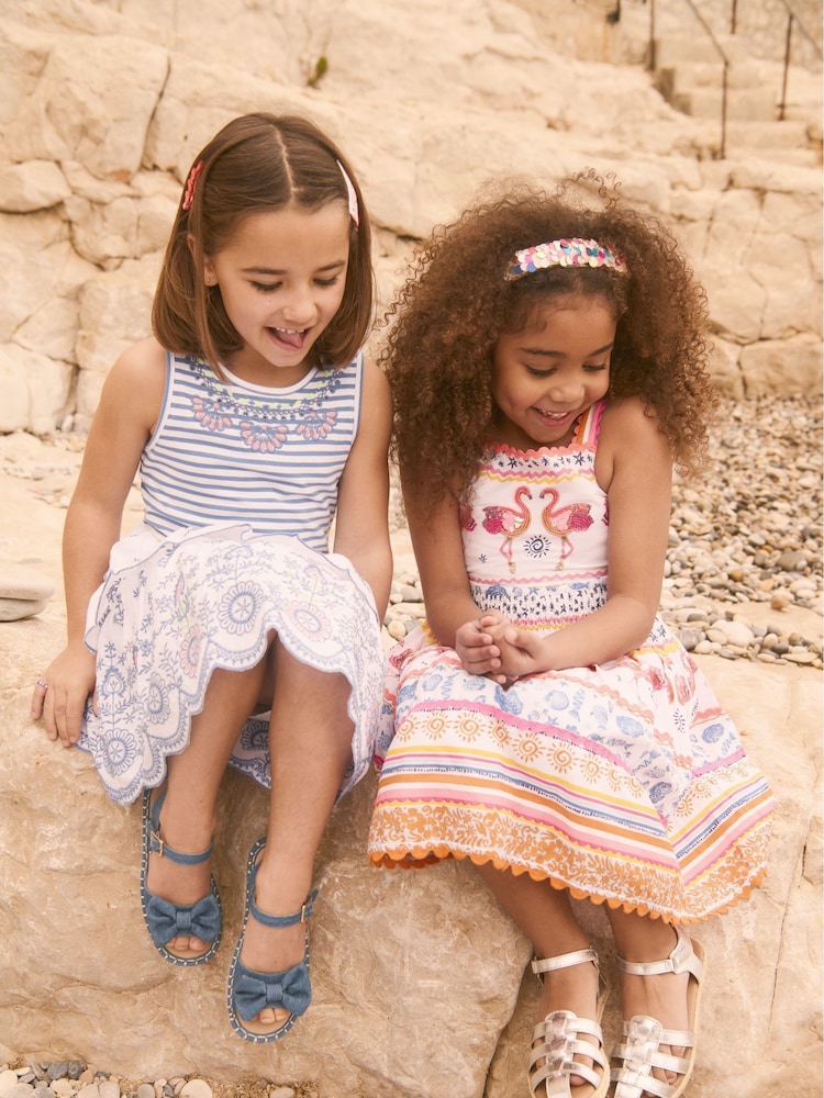 Monsoon Blue 100% Cotton Broderie Stripe Tiered Dress - Image 2 of 6 Monsoon Blue 100% Cotton Broderie Stripe Tiered Dress - Image 2 of 6
