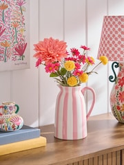 Lucy Tiffney Pink Artifical Dahlia Arrangement in Striped Jug Vase - Image 1 of 4