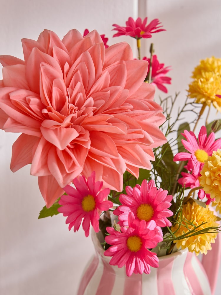 Lucy Tiffney Pink Artifical Dahlia Arrangement in Striped Jug Vase - Image 2 of 4