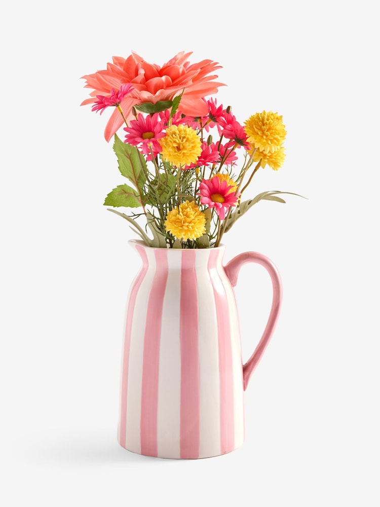Lucy Tiffney Pink Artifical Dahlia Arrangement in Striped Jug Vase - Image 4 of 4
