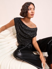 Friends Like These Black Petite Asymmetric Sequin Top - Image 1 of 5