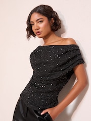 Friends Like These Black Petite Asymmetric Sequin Top - Image 2 of 5