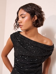 Friends Like These Black Petite Asymmetric Sequin Top - Image 3 of 5