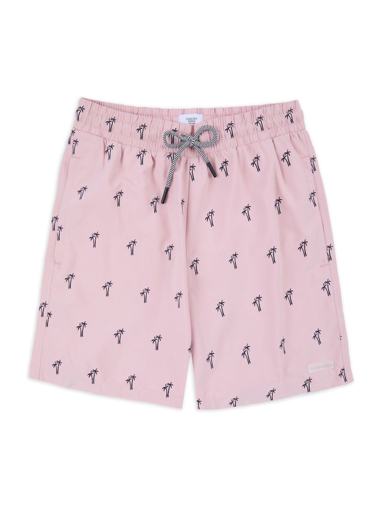 Chelsea Peers Pink Embroidered Palm Tree Swim Shorts - Image 1 of 3 Chelsea Peers Pink Embroidered Palm Tree Swim Shorts - Image 1 of 3