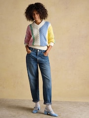 Joules Multi Stripe Cable Knit Cricket Cotton Jumper - Image 3 of 7