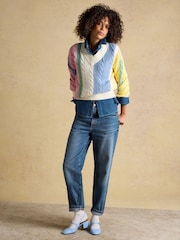 Joules Multi Stripe Cable Knit Cricket Cotton Jumper - Image 5 of 7