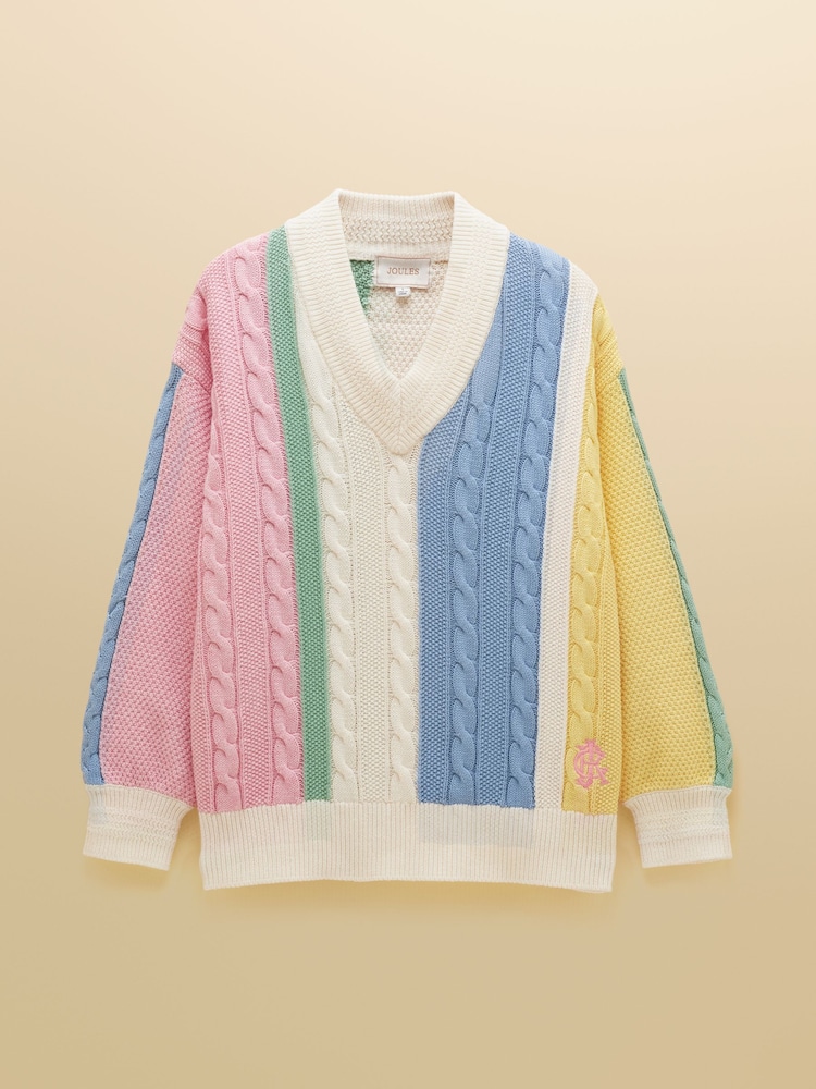 Joules Multi Stripe Cable Knit Cricket Cotton Jumper - Image 9 of 9