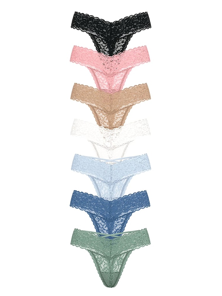 Victoria's Secret Black/Pink/Nude/White/Blue/Green Thong 7 Pack Lace Trim Knickers - Image 1 of 2 Victoria's Secret Black/Pink/Nude/White/Blue/Green Thong 7 Pack Lace Trim Knickers - Image 1 of 2