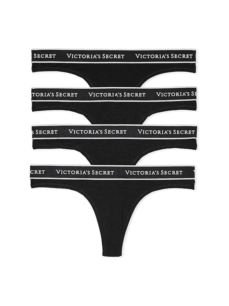 Victoria's Secret Black Thong Logo 4 Pack Knickers - Image 1 of 5