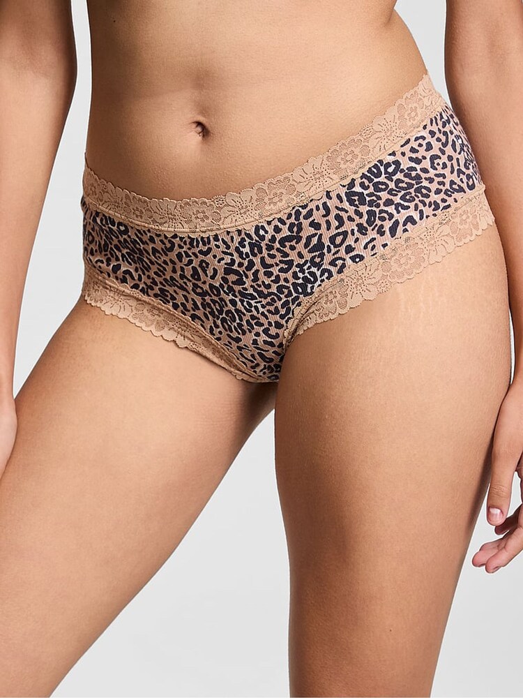 Victoria's Secret PINK Leopard Brown Cheeky Lace Trim Rib Knickers - Image 1 of 3