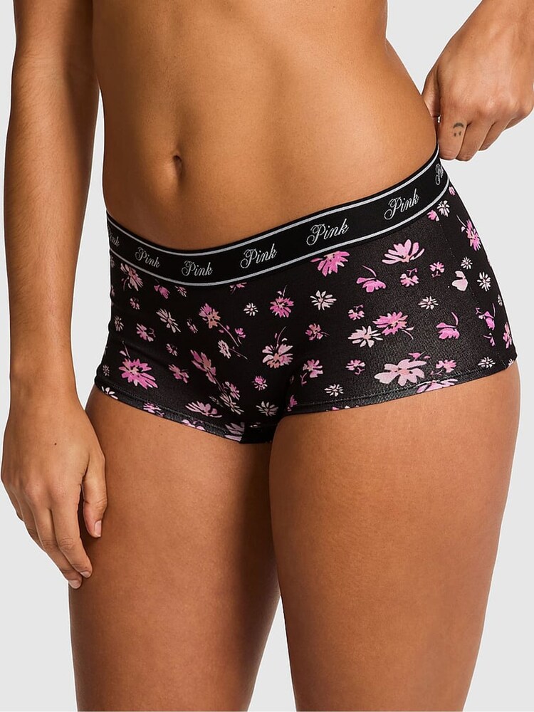 Victoria's Secret PINK Black Ditsy Floral Print Boyshort Cotton Logo Knickers - Image 1 of 2 Victoria's Secret PINK Black Ditsy Floral Print Boyshort Cotton Logo Knickers - Image 1 of 2