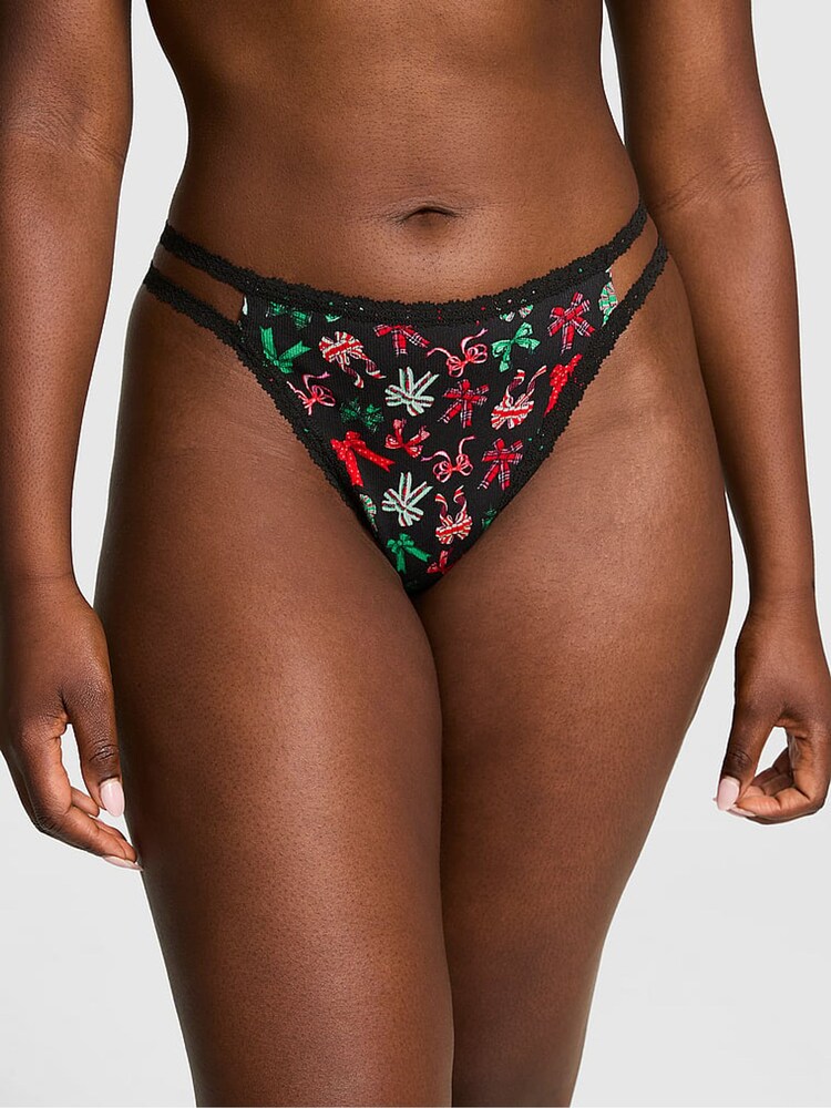 Victoria's Secret PINK Black Bows Thong Lace Trim Rib Knickers - Image 1 of 3 Victoria's Secret PINK Black Bows Thong Lace Trim Rib Knickers - Image 1 of 3
