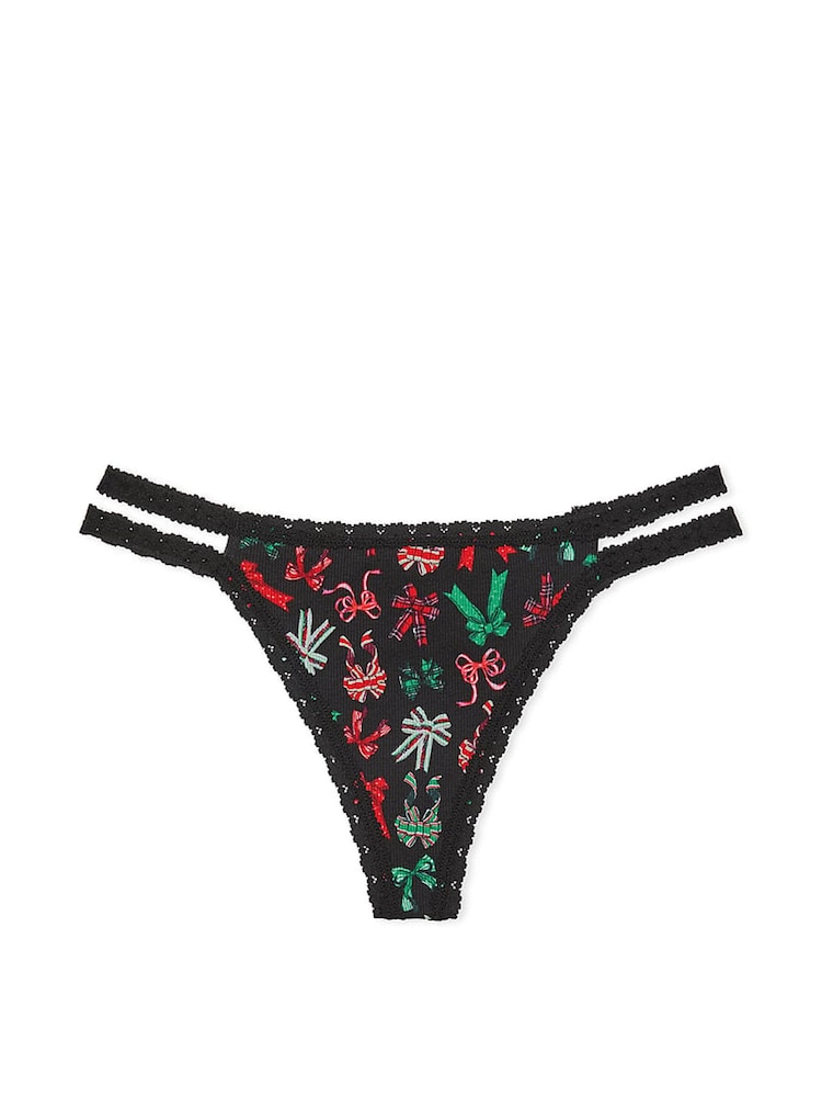Victoria's Secret PINK Black Bows Thong Lace Trim Rib Knickers - Image 3 of 3