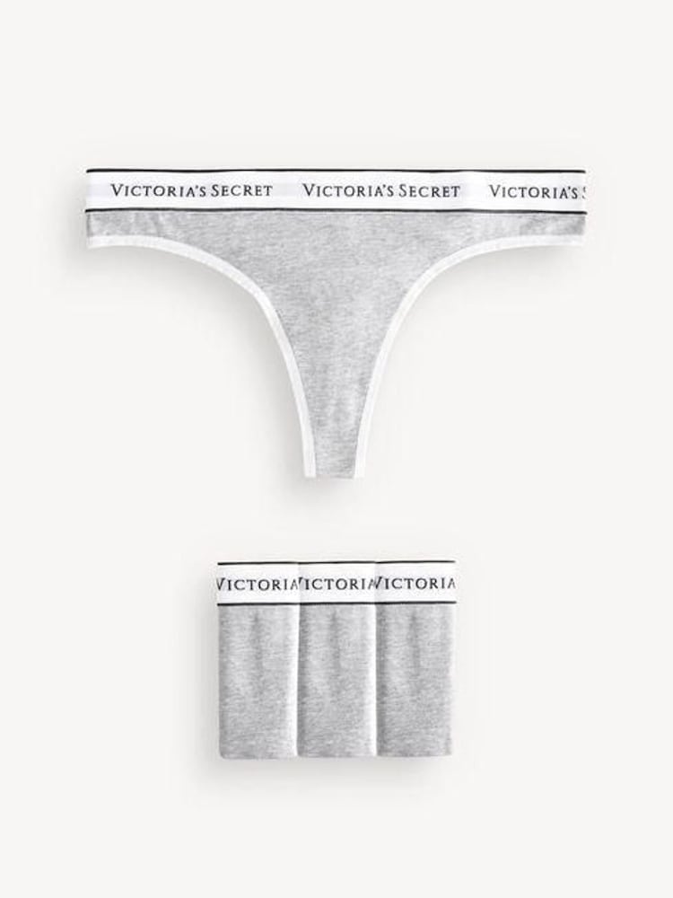 Victoria's Secret Medium Heather Grey Thong Logo 4 Pack Knickers - Image 1 of 3