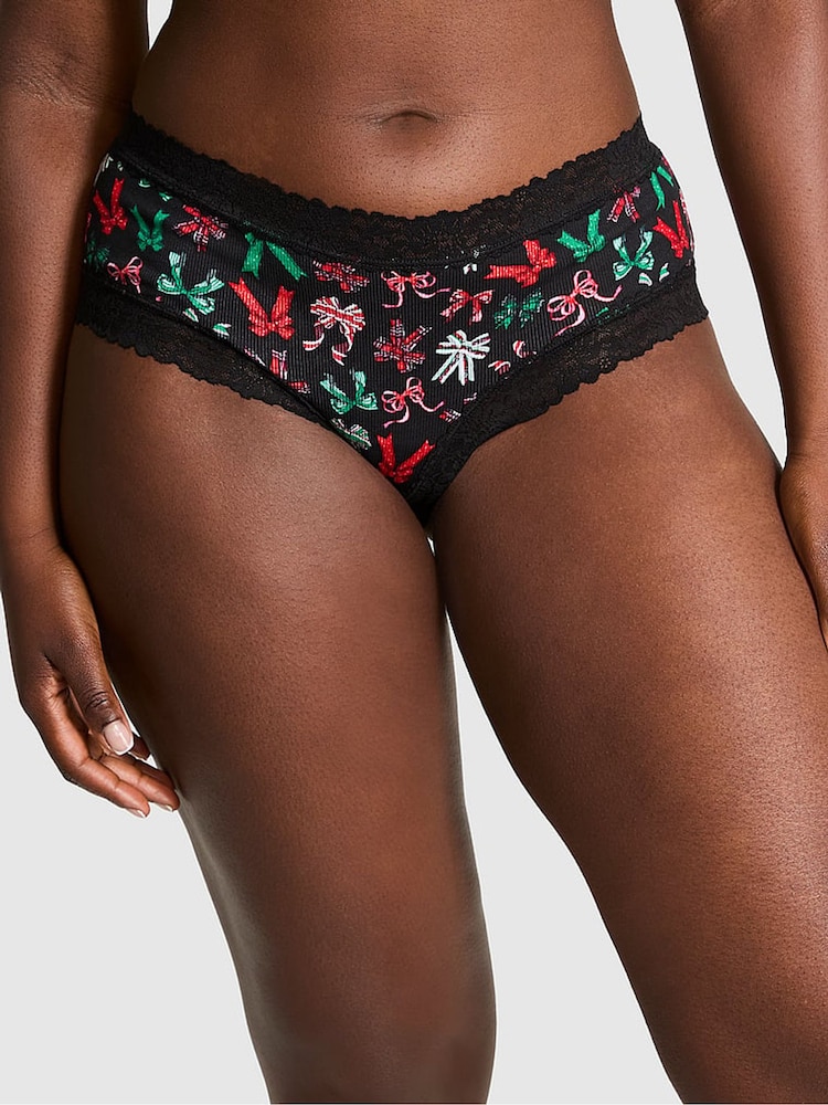 Victoria's Secret PINK Black Bows Cheeky Lace Trim Rib Knickers - Image 1 of 3 Victoria's Secret PINK Black Bows Cheeky Lace Trim Rib Knickers - Image 1 of 3