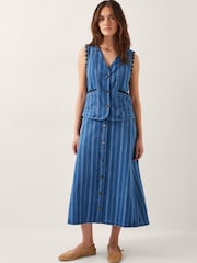 Monsoon Blue Ottilie Stripe Denim 100% Cotton Midi Skirt - Image 1 of 5