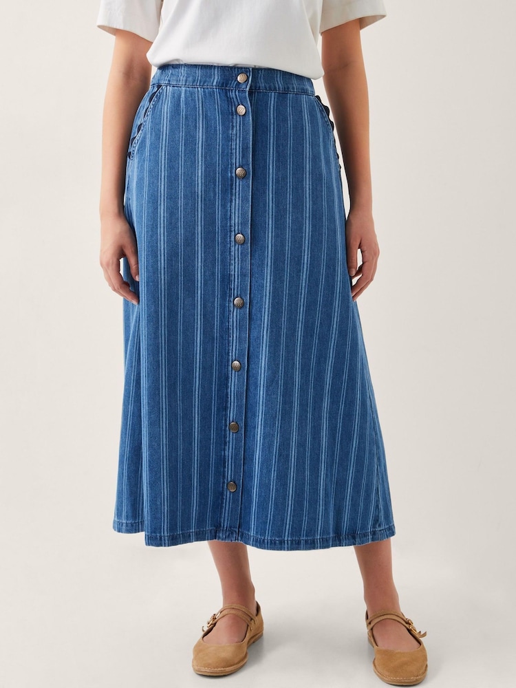 Monsoon Blue Ottilie Stripe Denim 100% Cotton Midi Skirt - Image 2 of 5