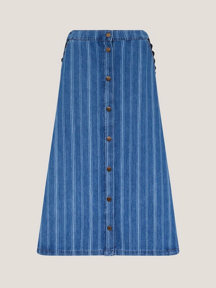 Monsoon Blue Ottilie Stripe Denim 100% Cotton Midi Skirt - Image 5 of 5