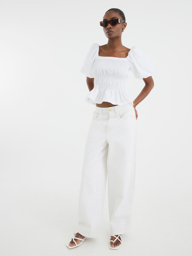 River Island White 100% Cotton Puff Sleeve Shirred Top - Image 1 of 4