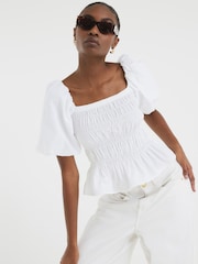 River Island White 100% Cotton Puff Sleeve Shirred Top - Image 2 of 4