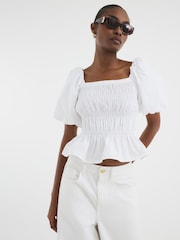 River Island White 100% Cotton Puff Sleeve Shirred Top - Image 3 of 4