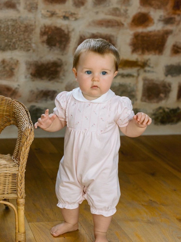 Emile Et Rose Pink Romper With Rosebud Embroidered Inset Yoke - Image 1 of 4