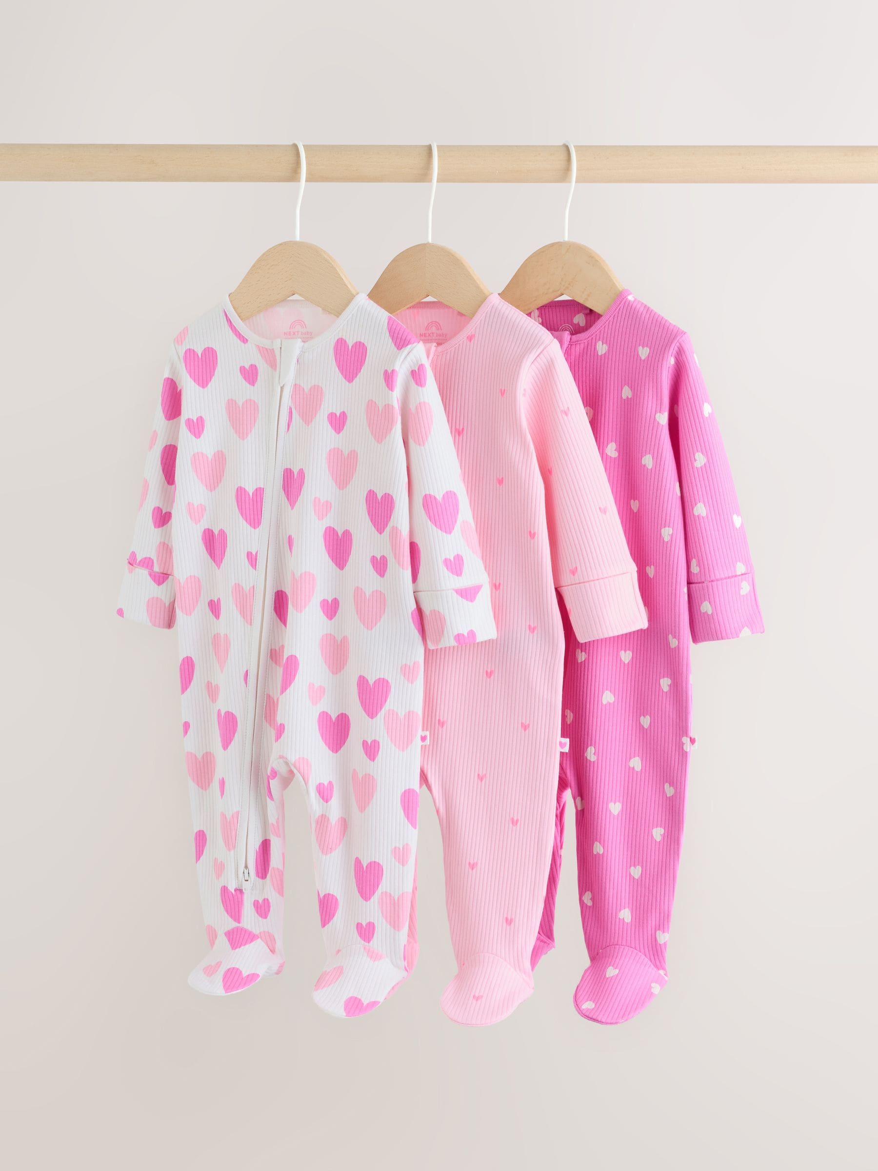 Pink - 3 Pack Two Way Zip Baby Sleepsuits (0-2yrs)