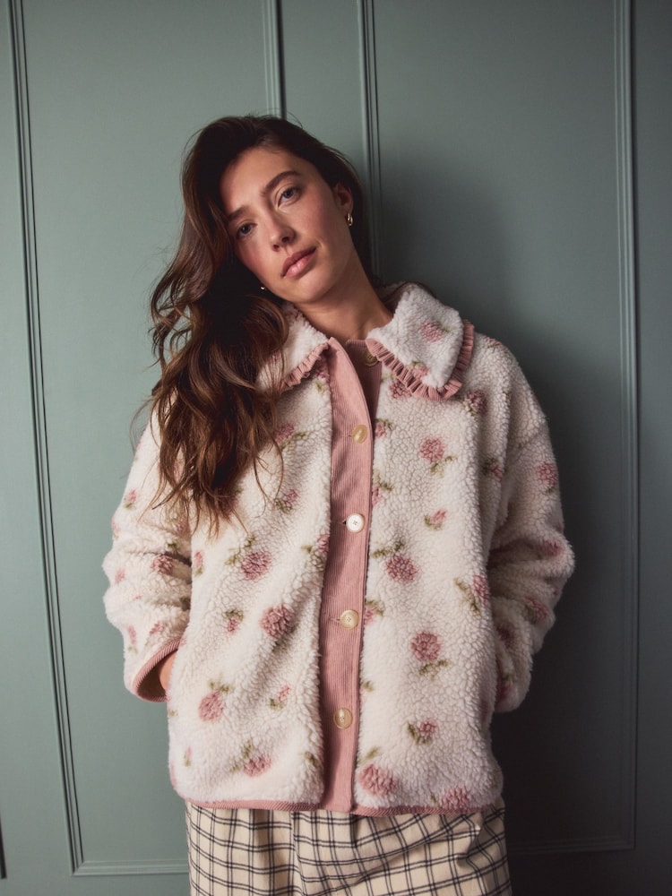 Pink Floral Collared Borg Jacket - Image 1 of 12