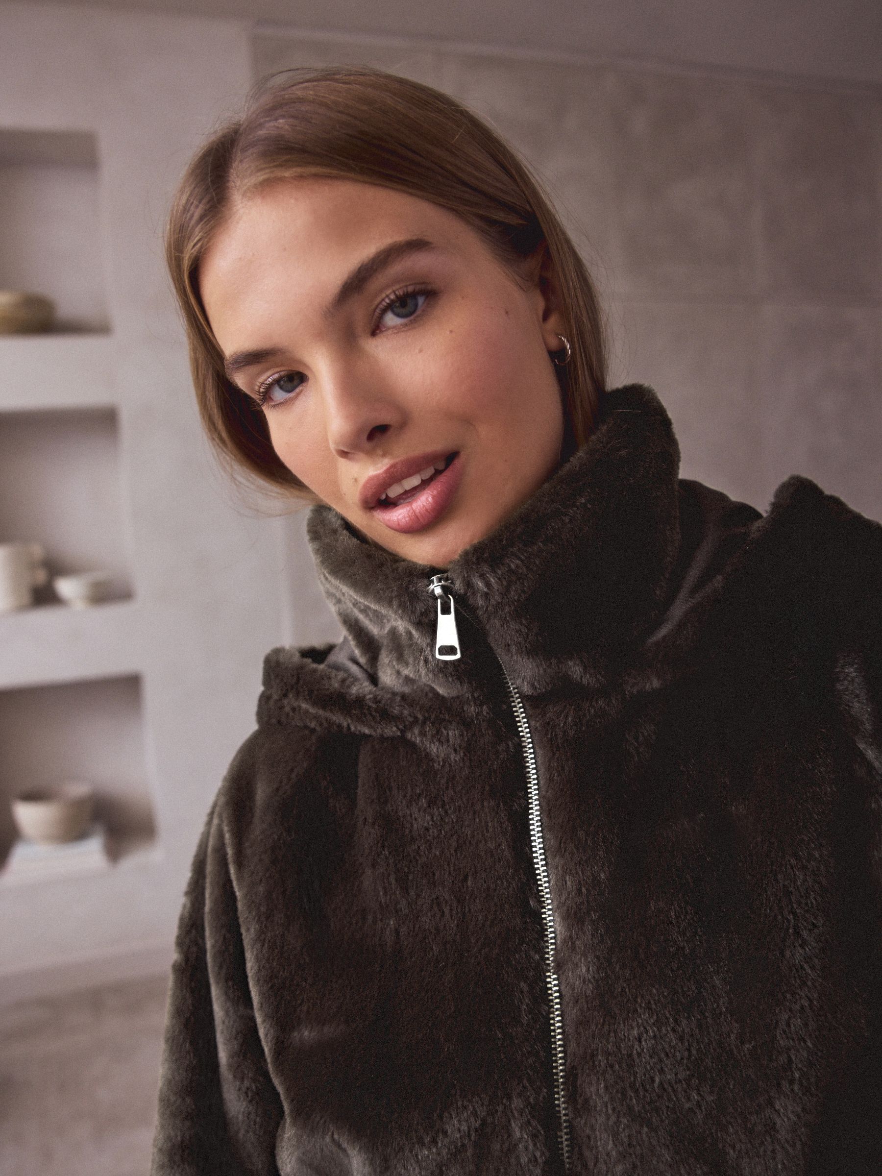 Buy Chocolate Brown Faux Fur Half Zip Hooded Fleece from Next