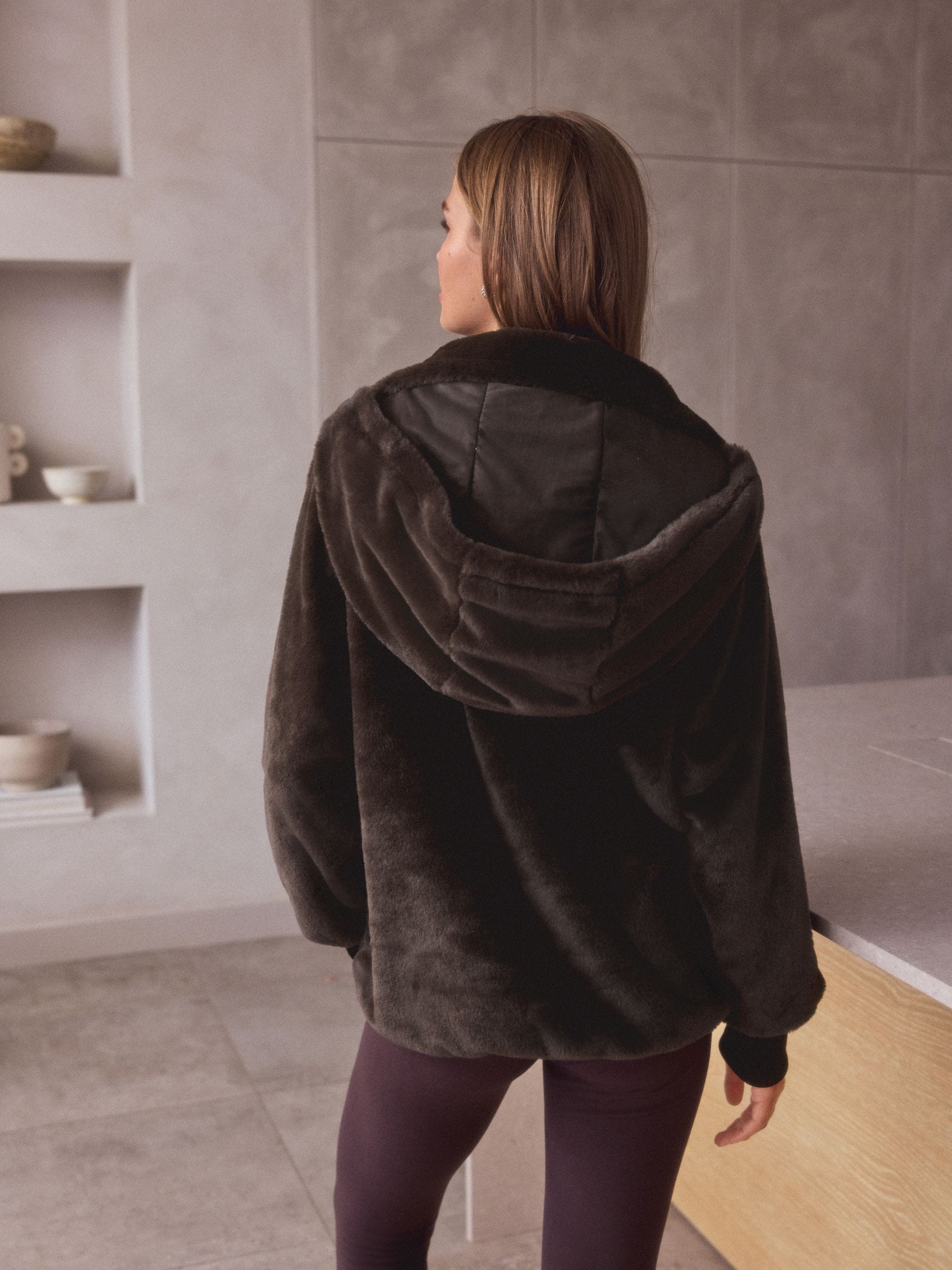Buy Chocolate Brown Faux Fur Half Zip Hooded Fleece from Next