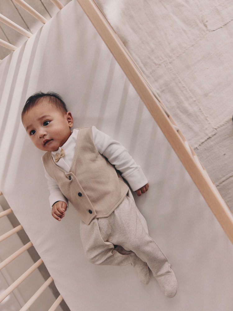 Neutral Smart Bow Tie Baby Sleepsuit (0mths-2yrs) - Image 1 of 11