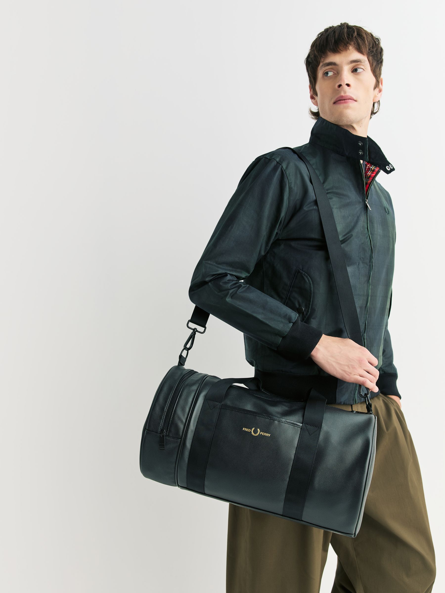 Buy Fred Perry Black Scotchgrain Leather Barrel Bag from the Next
