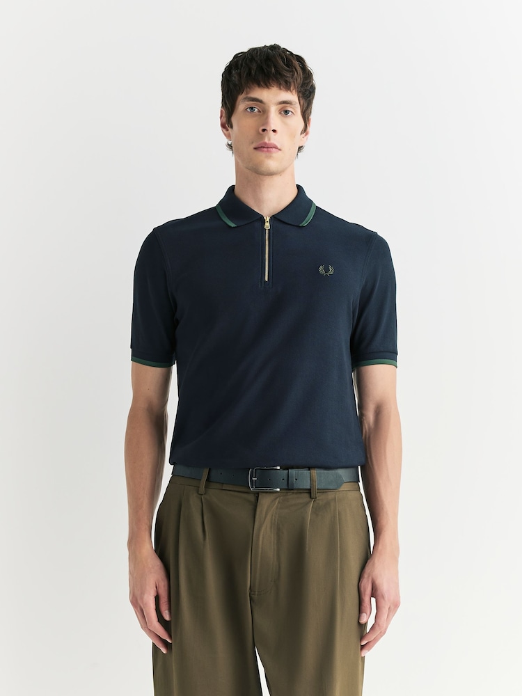 Fred Perry Blue Crepe Pique Polo Shirt - Image 1 of 5 Fred Perry Blue Crepe Pique Polo Shirt - Image 1 of 5