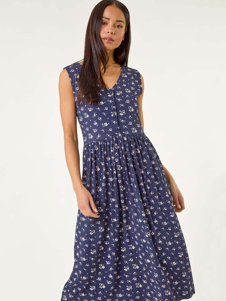 Roman Blue Petite Floral Print V-Neck Midi Dress - Image 1 of 5