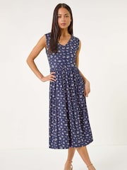 Roman Blue Petite Floral Print V-Neck Midi Dress - Image 2 of 5