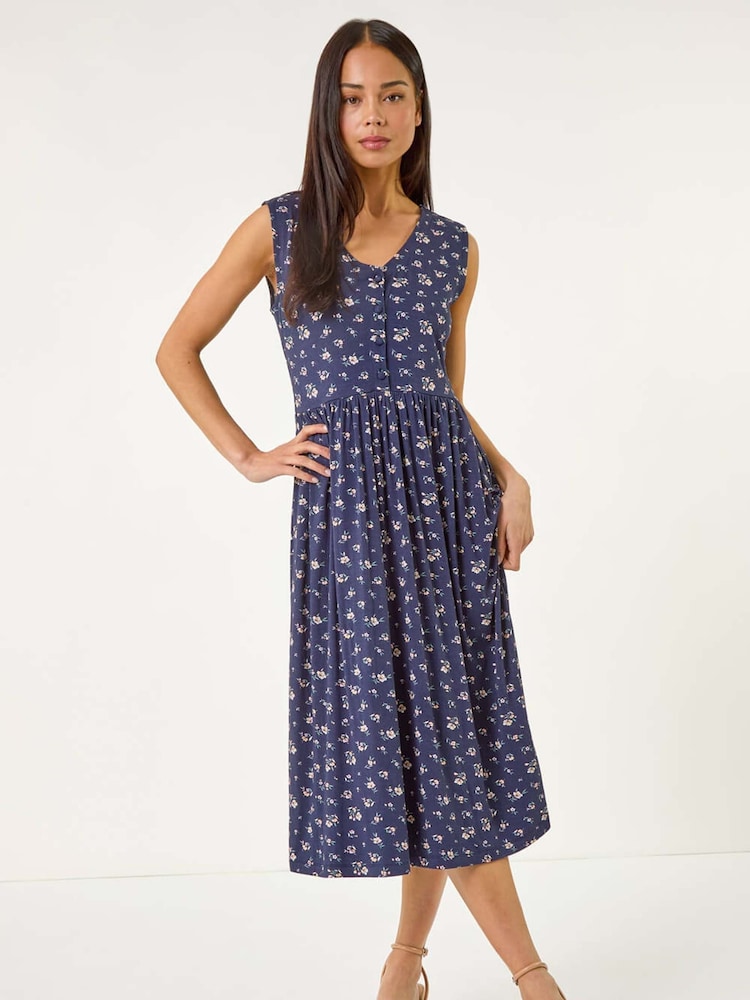 Roman Blue Petite Floral Print V-Neck Midi Dress - Image 2 of 5