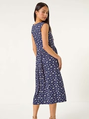Roman Blue Petite Floral Print V-Neck Midi Dress - Image 3 of 5