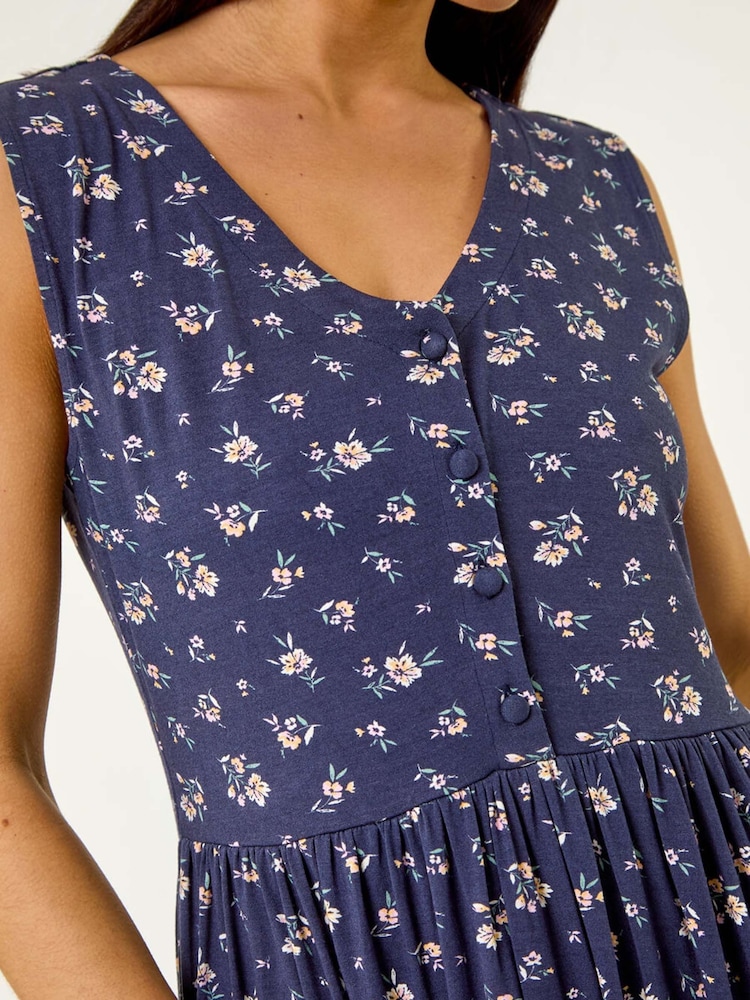 Roman Blue Petite Floral Print V-Neck Midi Dress - Image 5 of 5