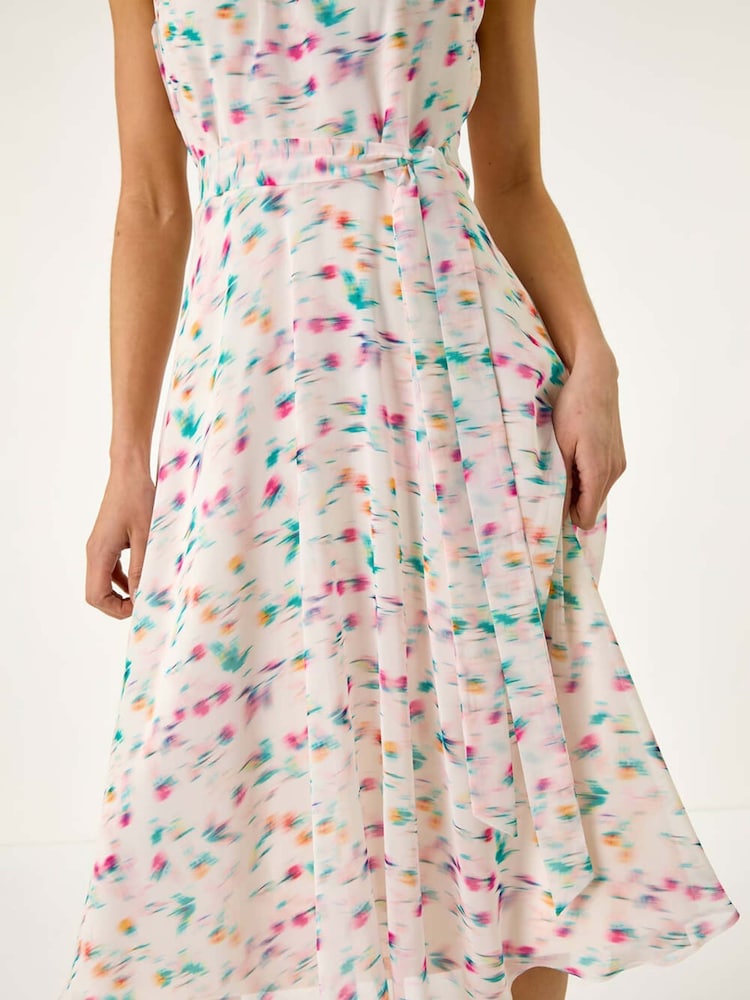 Roman White Petite Abstract Print Pleated Midi Dress - Image 5 of 5
