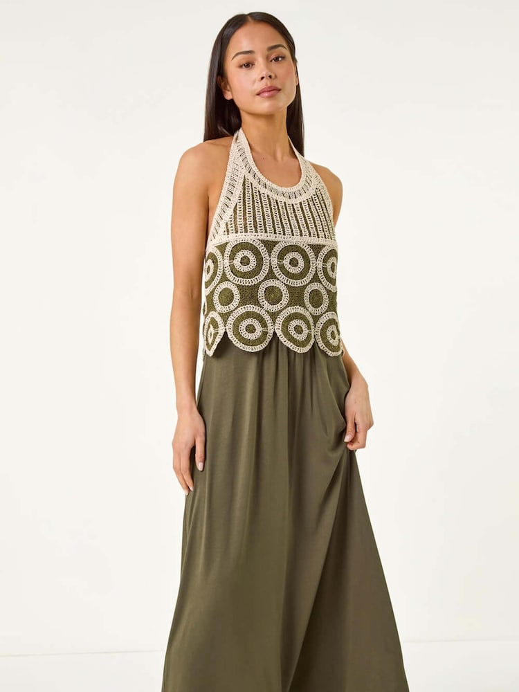 Roman Green Petite Crochet Contrast Maxi Dress - Image 2 of 5