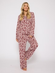 Loungeable Burgundy Leopard Print Jersey Traditional Revere Pyjamas Set - Image 2 of 6