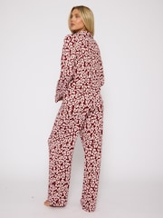 Loungeable Burgundy Leopard Print Jersey Traditional Revere Pyjamas Set - Image 4 of 6