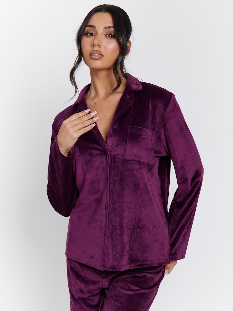 Loungeable Purple Velour Long Sleeve Traditional Pyjamas Set - Image 1 of 5 Loungeable Purple Velour Long Sleeve Traditional Pyjamas Set - Image 1 of 5