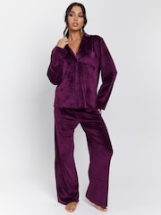 Loungeable Purple Velour Long Sleeve Traditional Pyjamas Set - Image 2 of 5