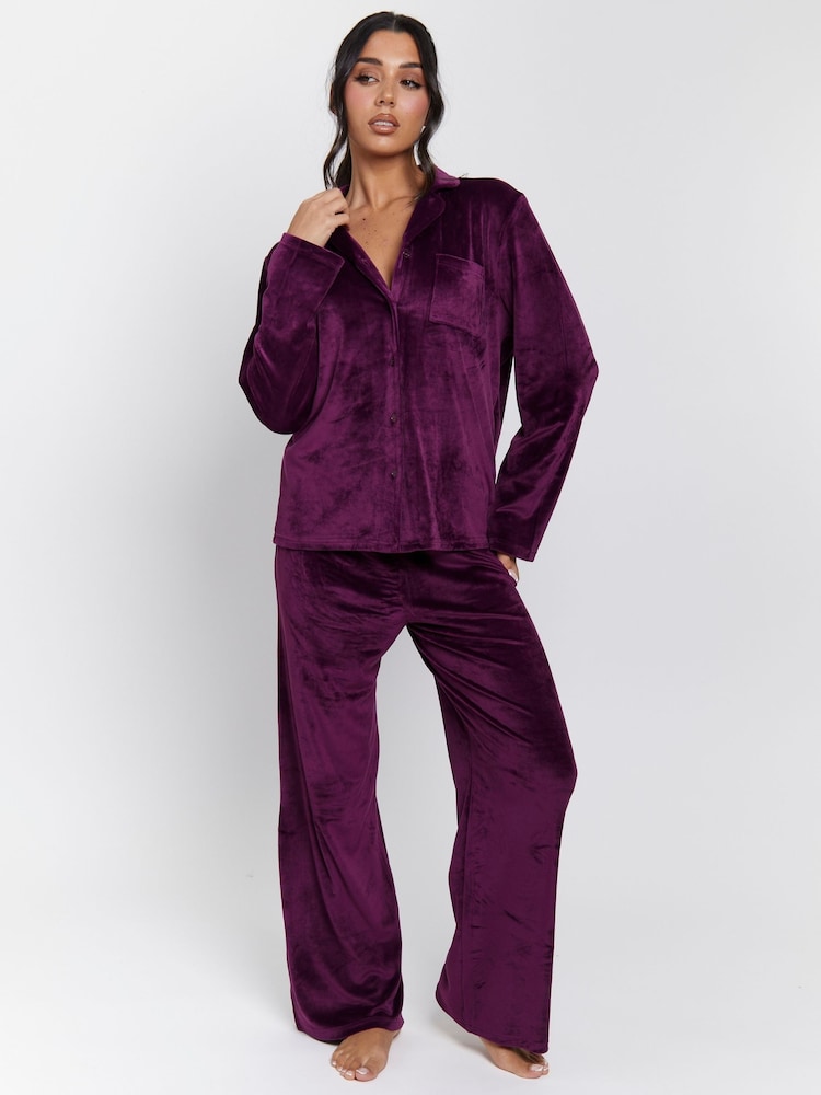 Loungeable Purple Velour Long Sleeve Traditional Pyjamas Set - Image 2 of 5 Loungeable Purple Velour Long Sleeve Traditional Pyjamas Set - Image 2 of 5