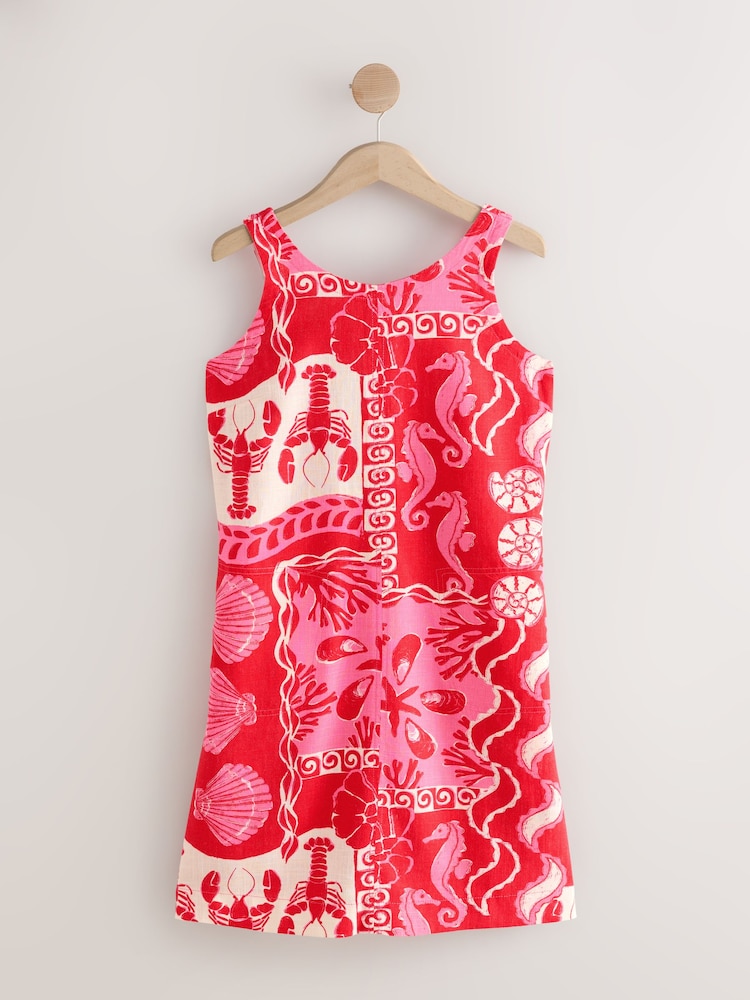 Red Shell Print Scoop Back Mini Shift Dress With Linen - Image 1 of 3